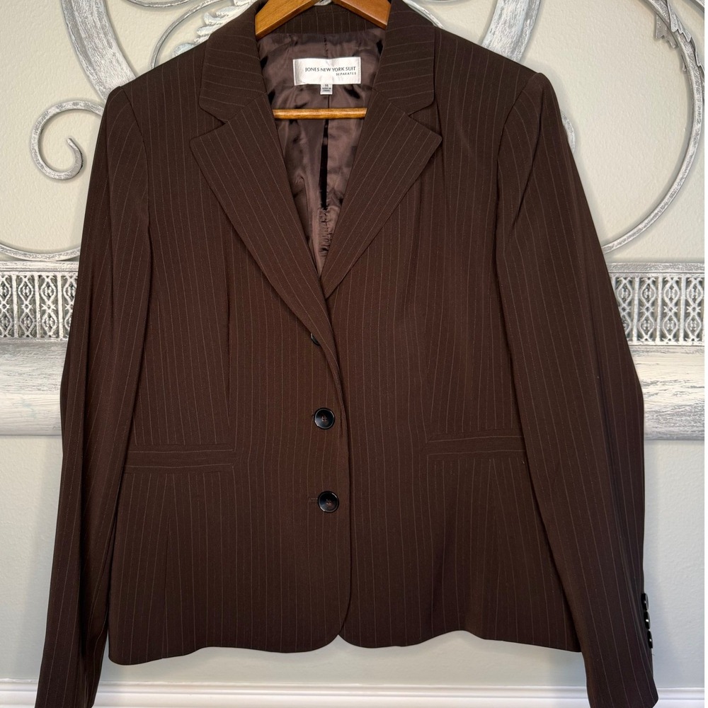 Jones New York Vintage 90s Brown Pinstripe Blazer Pants Suit Set Size 12/14 EUC
